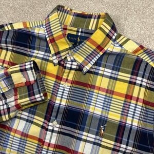 Ralph Lauren Men L Button Down Shirt Yellow Madras Plaid Classic Fit Long Sleeve